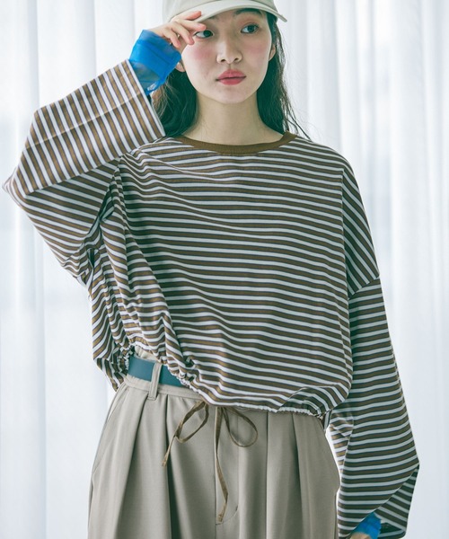 niko and...（ニコアンド）の「ドロストワイドボーダープルオーバー（Tシャツ/カットソー・レディース・ネイビー/ブラウン/レッド・LARGE/MEDIUM）」の2枚目の写真