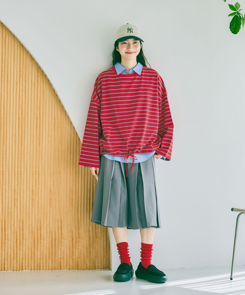 niko and...（ニコアンド）の「ドロストワイドボーダープルオーバー（Tシャツ/カットソー・レディース・ネイビー/ブラウン/レッド・LARGE/MEDIUM）」の5枚目の写真