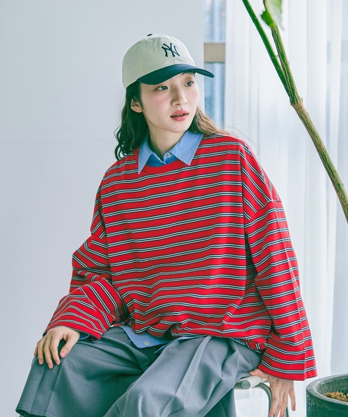 niko and...（ニコアンド）の「ドロストワイドボーダープルオーバー（Tシャツ/カットソー・レディース・ネイビー/ブラウン/レッド・LARGE/MEDIUM）」の8枚目の写真