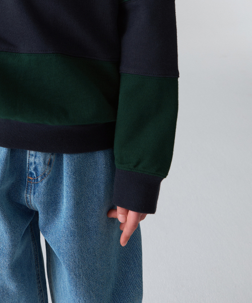 MUSINSA STANDARD KIDS（ムシンサスタンダードキッズ）の「オーバーサイズストライプラグビー スウェットシャツ [ネイビー/ディープグリーン]（スウェット・レディース・その他・110/150/140/130/120/160）」の6枚目の写真