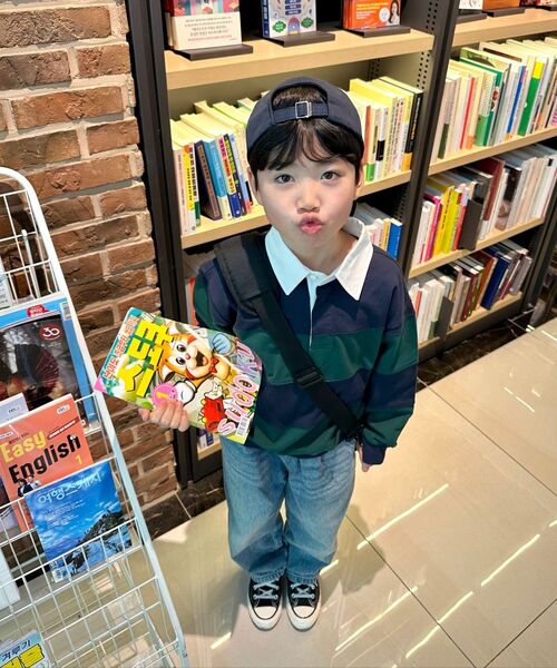 MUSINSA STANDARD KIDS（ムシンサスタンダードキッズ）の「オーバーサイズストライプラグビー スウェットシャツ [ネイビー/ディープグリーン]（スウェット・レディース・その他・110/150/140/130/120/160）」の7枚目の写真