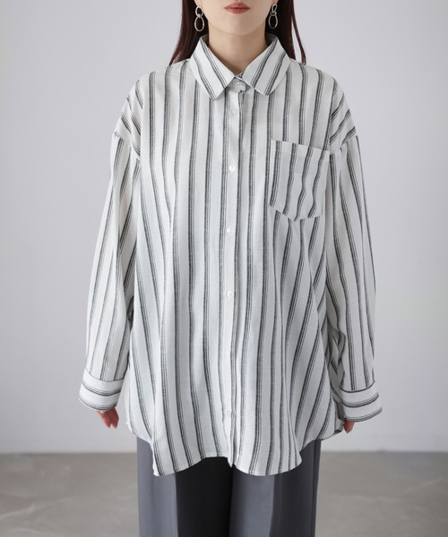 Riberry（リベリー）の「コットンストライプシャツ（シャツ/ブラウス・レディース・ブラック/オフホワイト/ベージュ・MEDIUM）」の13枚目の写真
