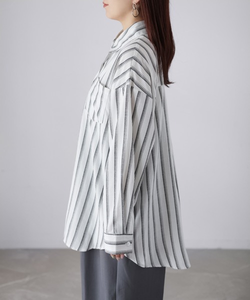 Riberry（リベリー）の「コットンストライプシャツ（シャツ/ブラウス・レディース・ブラック/オフホワイト/ベージュ・MEDIUM）」の14枚目の写真