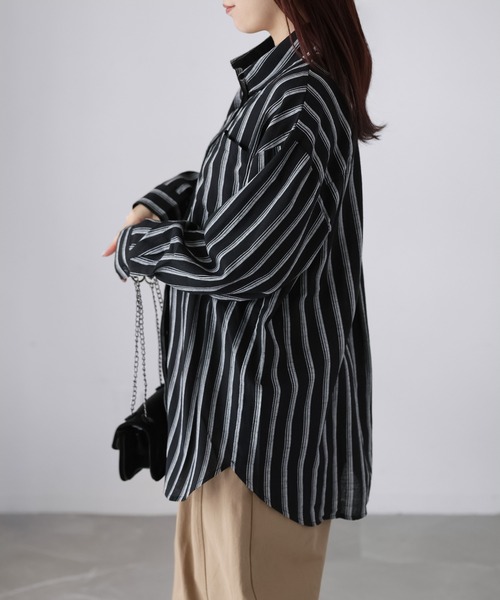 Riberry（リベリー）の「コットンストライプシャツ（シャツ/ブラウス・レディース・ブラック/オフホワイト/ベージュ・MEDIUM）」の15枚目の写真