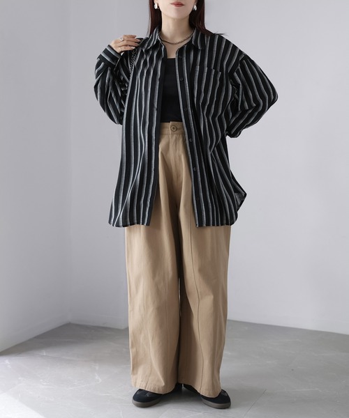 Riberry（リベリー）の「コットンストライプシャツ（シャツ/ブラウス・レディース・ブラック/オフホワイト/ベージュ・MEDIUM）」の21枚目の写真