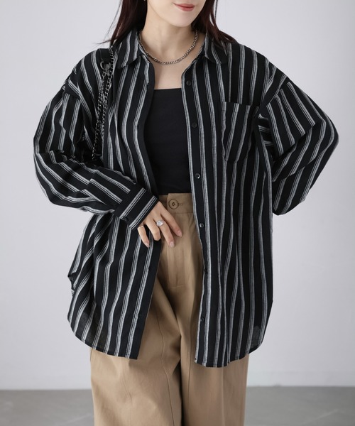 Riberry（リベリー）の「コットンストライプシャツ（シャツ/ブラウス・レディース・ブラック/オフホワイト/ベージュ・MEDIUM）」の22枚目の写真