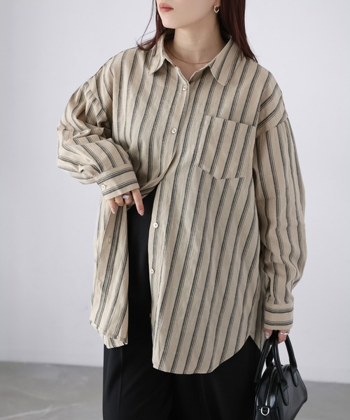 Riberry（リベリー）の「コットンストライプシャツ（シャツ/ブラウス・レディース・ブラック/オフホワイト/ベージュ・MEDIUM）」の20枚目の写真