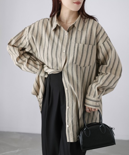 Riberry（リベリー）の「コットンストライプシャツ（シャツ/ブラウス・レディース・ブラック/オフホワイト/ベージュ・MEDIUM）」の9枚目の写真