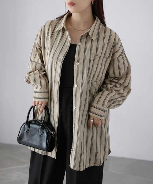 Riberry（リベリー）の「コットンストライプシャツ（シャツ/ブラウス・レディース・ブラック/オフホワイト/ベージュ・MEDIUM）」の18枚目の写真