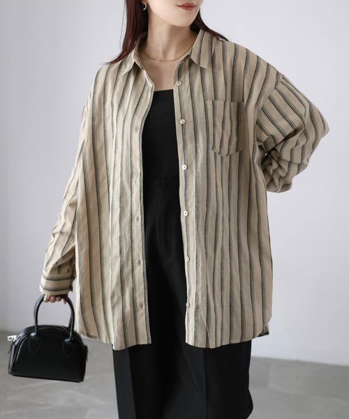 Riberry（リベリー）の「コットンストライプシャツ（シャツ/ブラウス・レディース・ブラック/オフホワイト/ベージュ・MEDIUM）」の10枚目の写真