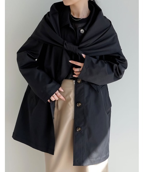 Re:EDIT（リエディ）の「ミリタリーツイルスカーフ付きミドルコート（トレンチコート・レディース・アイボリー/ブラック/ベージュ・MEDIUM）」の3枚目の写真