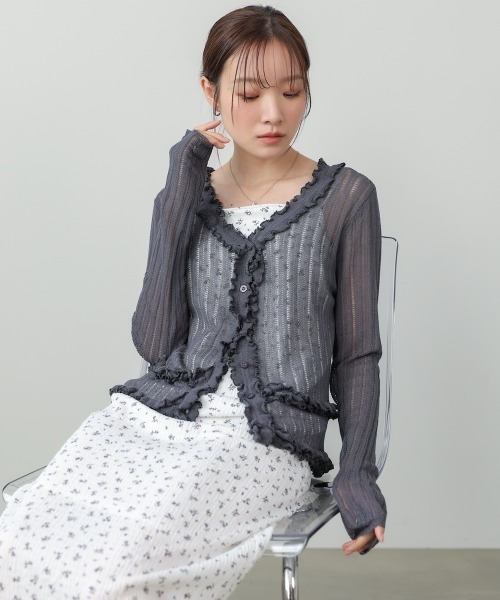Bab(バブ)の「透かし編みフリルVネックニットカーディガン(カーディガン/ボレロ・レディース・イエロー/オフホワイト/チャコールグレー・FREE)」の19枚目の写真