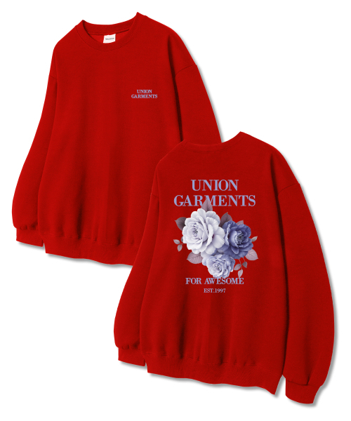 Union Garments(ユニオンガーメンツ)の「フラワーメンツ 裏毛 スウェットシャツ レッド(スウェット・レディース・その他・L/XL/XXL)」の1枚目の写真
