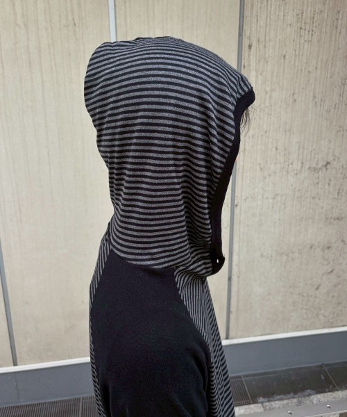 Never mind the XU / Chikashitsu+(ネバーマインド ザ エックスユー / チカシツプラス)の「【nmtc+】border raglan long sleeve / 【エヌエムティーシープラス】フード付きボーダーラグラン長袖Tシャツ(Tシャツ/カットソー・メンズ・ブラック・M)」の10枚目の写真