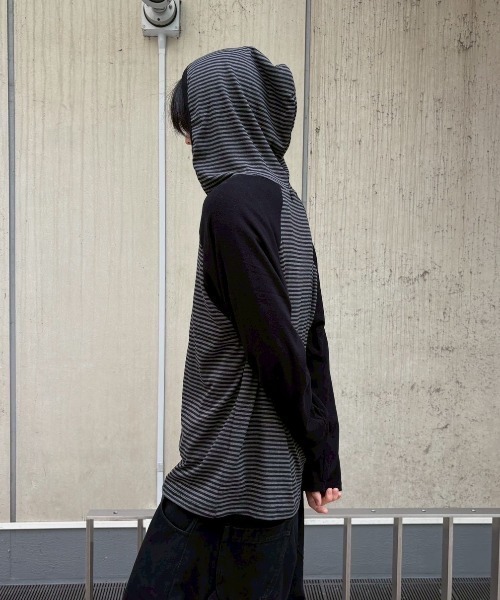 Never mind the XU / Chikashitsu+(ネバーマインド ザ エックスユー / チカシツプラス)の「【nmtc+】border raglan long sleeve / 【エヌエムティーシープラス】フード付きボーダーラグラン長袖Tシャツ(Tシャツ/カットソー・メンズ・ブラック・M)」の7枚目の写真