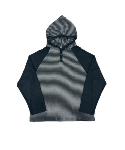 Never mind the XU / Chikashitsu+(ネバーマインド ザ エックスユー / チカシツプラス)の「【nmtc+】border raglan long sleeve / 【エヌエムティーシープラス】フード付きボーダーラグラン長袖Tシャツ(Tシャツ/カットソー・メンズ・ブラック・M)」の11枚目の写真