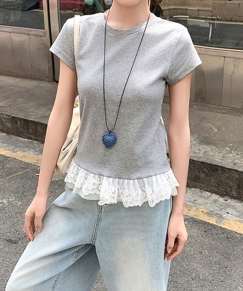 SallyLunn(サリーラン)の「【重ね着風デザイン】レイヤード風レーストップス(Tシャツ/カットソー・レディース・ホワイト/ブラック/グレー・LARGE/MEDIUM)」の3枚目の写真