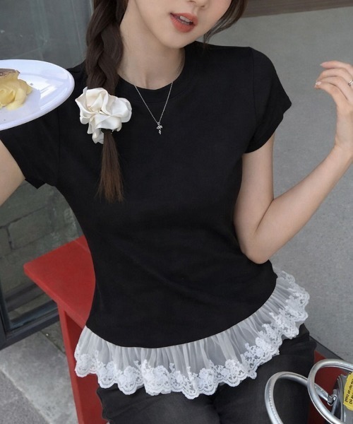 SallyLunn(サリーラン)の「【重ね着風デザイン】レイヤード風レーストップス(Tシャツ/カットソー・レディース・ホワイト/ブラック/グレー・LARGE/MEDIUM)」の1枚目の写真