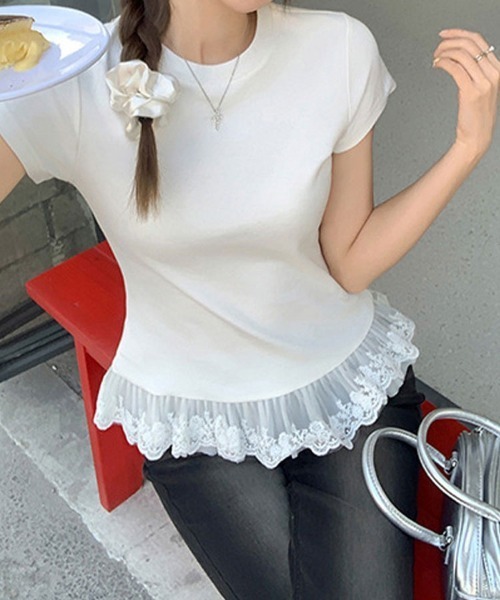 SallyLunn(サリーラン)の「【重ね着風デザイン】レイヤード風レーストップス(Tシャツ/カットソー・レディース・ホワイト/ブラック/グレー・LARGE/MEDIUM)」の5枚目の写真