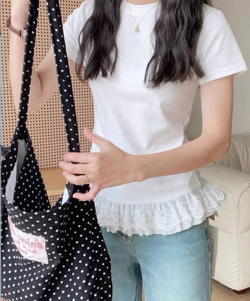 SallyLunn(サリーラン)の「【重ね着風デザイン】レイヤード風レーストップス(Tシャツ/カットソー・レディース・ホワイト/ブラック/グレー・LARGE/MEDIUM)」の7枚目の写真