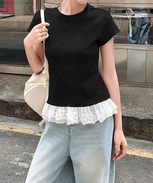 SallyLunn(サリーラン)の「【重ね着風デザイン】レイヤード風レーストップス(Tシャツ/カットソー・レディース・ホワイト/ブラック/グレー・LARGE/MEDIUM)」の12枚目の写真