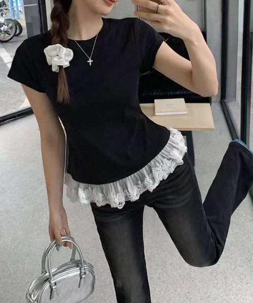 SallyLunn(サリーラン)の「【重ね着風デザイン】レイヤード風レーストップス(Tシャツ/カットソー・レディース・ホワイト/ブラック/グレー・LARGE/MEDIUM)」の15枚目の写真