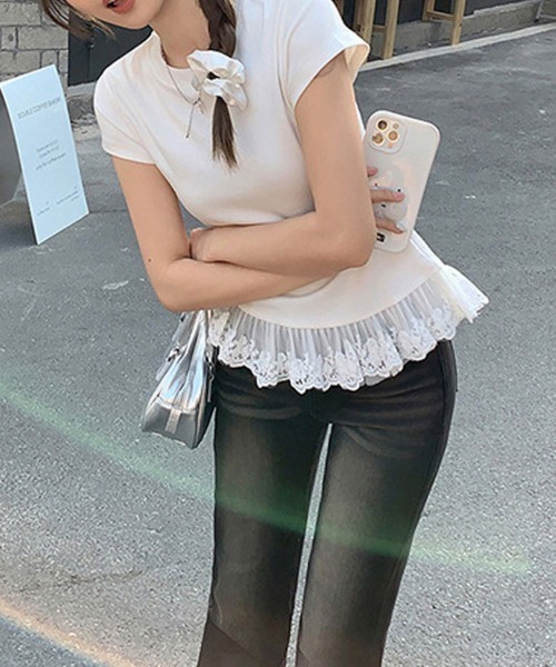 SallyLunn(サリーラン)の「【重ね着風デザイン】レイヤード風レーストップス(Tシャツ/カットソー・レディース・ホワイト/ブラック/グレー・LARGE/MEDIUM)」の9枚目の写真