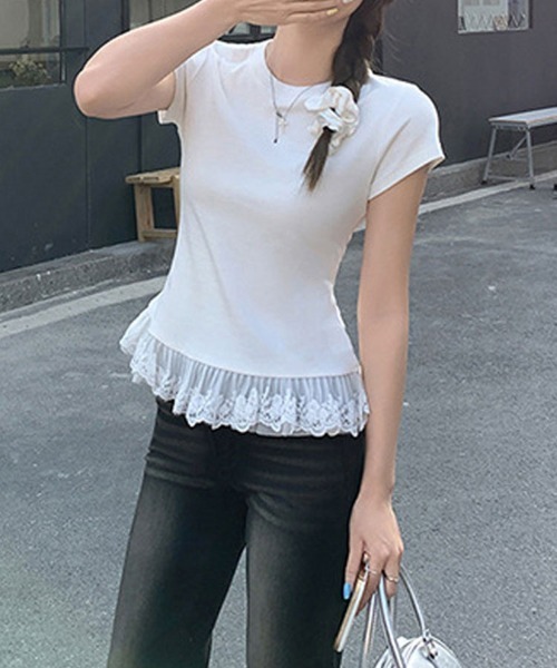 SallyLunn(サリーラン)の「【重ね着風デザイン】レイヤード風レーストップス(Tシャツ/カットソー・レディース・ホワイト/ブラック/グレー・LARGE/MEDIUM)」の10枚目の写真