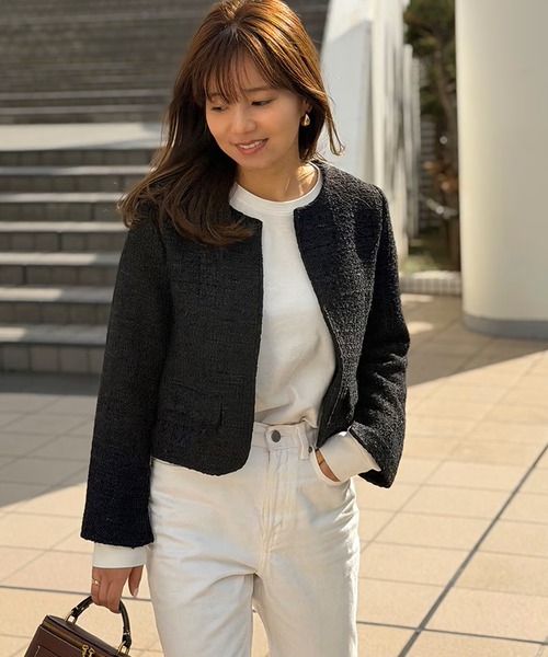 ST.ROONEY(セントルーニー)の「ツイードジャケット【低身長・小柄女性向け】(ノーカラージャケット・レディース・ブラック/ホワイト・XS/S)」の1枚目の写真