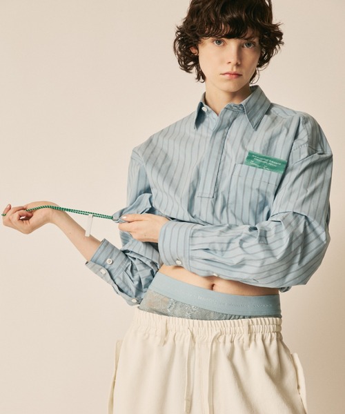 beautiful people（ビューティフルピープル）の「stretch stripe big QOL tag shirts（シャツ/ブラウス・レディース・ブルーグレー/オリーブ・38）」の8枚目の写真
