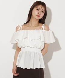 オフショルフリル半袖ブラウス