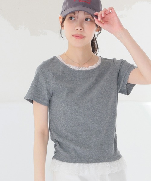 Honeys(ハニーズ)の「レース付トップス(Tシャツ/カットソー・レディース・ヘザーチャコール/ピンク/ブラック/レッド・L/M/S)」の2枚目の写真
