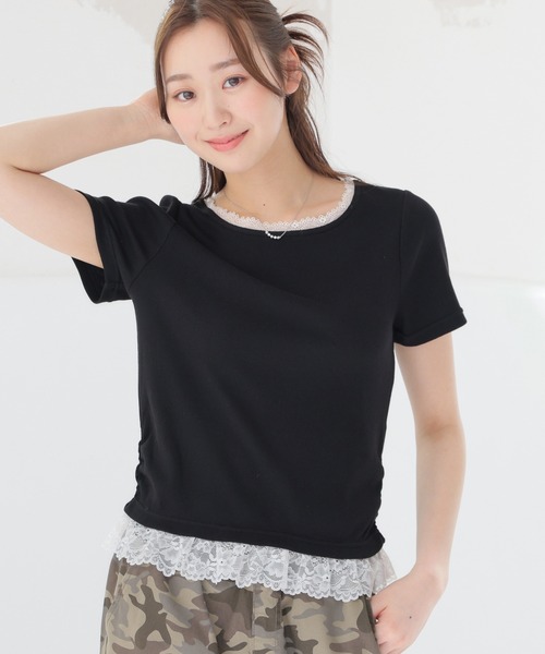Honeys(ハニーズ)の「レース付トップス(Tシャツ/カットソー・レディース・ヘザーチャコール/ピンク/ブラック/レッド・L/M/S)」の1枚目の写真