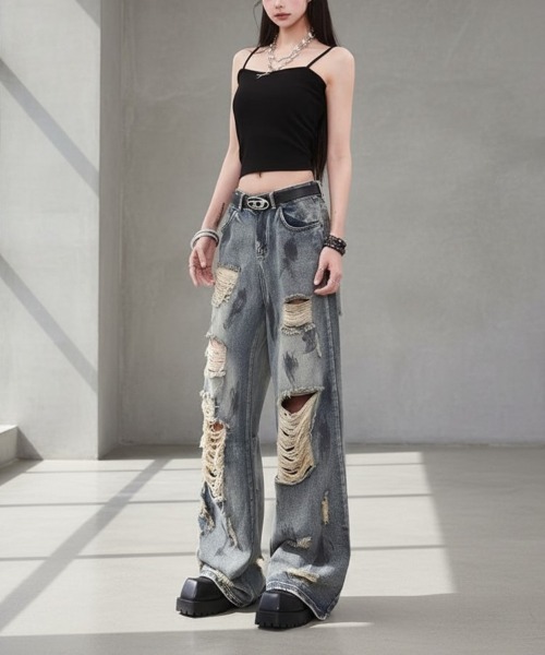 center i（センターアイ）の「グランジダメージバギーデニムパンツ（デニムパンツ・レディース・ブルー・S/M/L）」の3枚目の写真