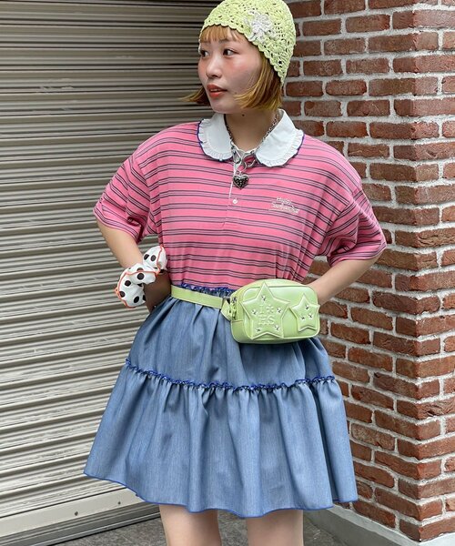 HELLO.SANFRANCISCO(ハローサンフランシスコ)の「【HELLO.SANFRANCISCO/ハローサンフランシスコ】襟フリルボーダーラガーシャツチュニック(Tシャツ/カットソー・レディース・ピンク/グリーン・ONE SIZE)」の1枚目の写真