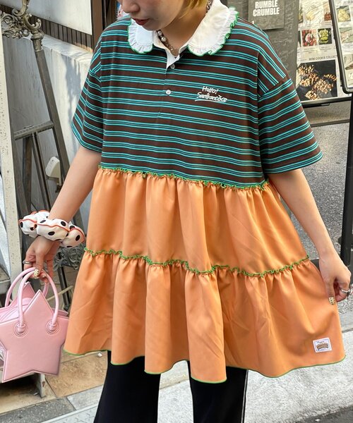 HELLO.SANFRANCISCO(ハローサンフランシスコ)の「【HELLO.SANFRANCISCO/ハローサンフランシスコ】襟フリルボーダーラガーシャツチュニック(Tシャツ/カットソー・レディース・ピンク/グリーン・ONE SIZE)」の2枚目の写真