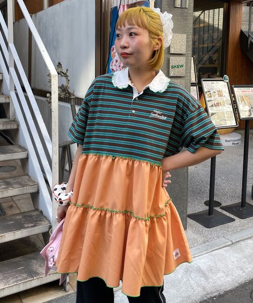 HELLO.SANFRANCISCO(ハローサンフランシスコ)の「【HELLO.SANFRANCISCO/ハローサンフランシスコ】襟フリルボーダーラガーシャツチュニック(Tシャツ/カットソー・レディース・ピンク/グリーン・ONE SIZE)」の3枚目の写真