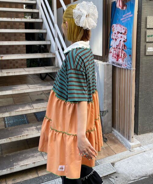 HELLO.SANFRANCISCO(ハローサンフランシスコ)の「【HELLO.SANFRANCISCO/ハローサンフランシスコ】襟フリルボーダーラガーシャツチュニック(Tシャツ/カットソー・レディース・ピンク/グリーン・ONE SIZE)」の4枚目の写真