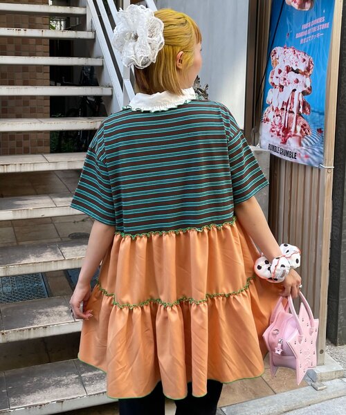 HELLO.SANFRANCISCO(ハローサンフランシスコ)の「【HELLO.SANFRANCISCO/ハローサンフランシスコ】襟フリルボーダーラガーシャツチュニック(Tシャツ/カットソー・レディース・ピンク/グリーン・ONE SIZE)」の5枚目の写真