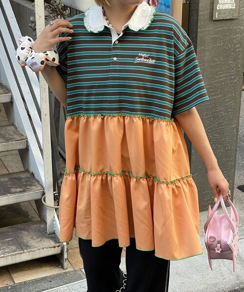 HELLO.SANFRANCISCO(ハローサンフランシスコ)の「【HELLO.SANFRANCISCO/ハローサンフランシスコ】襟フリルボーダーラガーシャツチュニック(Tシャツ/カットソー・レディース・ピンク/グリーン・ONE SIZE)」の6枚目の写真