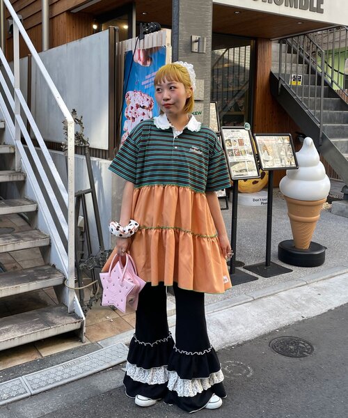 HELLO.SANFRANCISCO(ハローサンフランシスコ)の「【HELLO.SANFRANCISCO/ハローサンフランシスコ】襟フリルボーダーラガーシャツチュニック(Tシャツ/カットソー・レディース・ピンク/グリーン・ONE SIZE)」の7枚目の写真