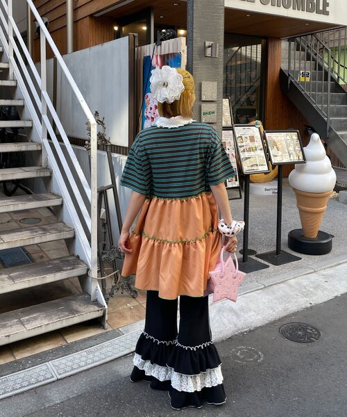 HELLO.SANFRANCISCO(ハローサンフランシスコ)の「【HELLO.SANFRANCISCO/ハローサンフランシスコ】襟フリルボーダーラガーシャツチュニック(Tシャツ/カットソー・レディース・ピンク/グリーン・ONE SIZE)」の9枚目の写真