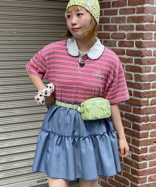 HELLO.SANFRANCISCO(ハローサンフランシスコ)の「【HELLO.SANFRANCISCO/ハローサンフランシスコ】襟フリルボーダーラガーシャツチュニック(Tシャツ/カットソー・レディース・ピンク/グリーン・ONE SIZE)」の10枚目の写真