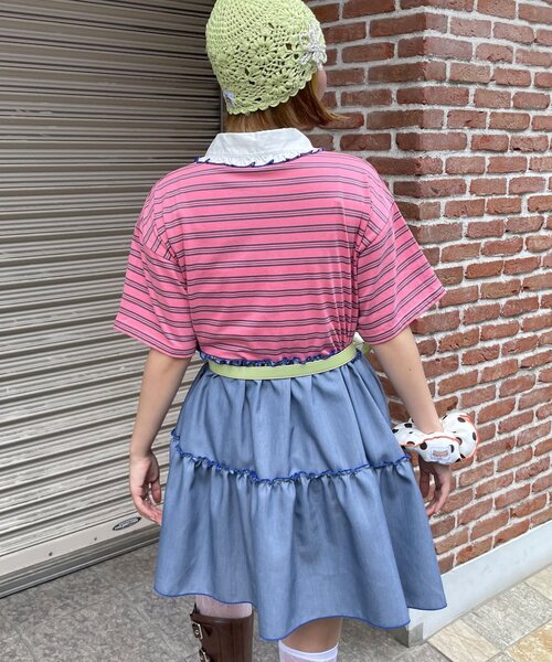 HELLO.SANFRANCISCO(ハローサンフランシスコ)の「【HELLO.SANFRANCISCO/ハローサンフランシスコ】襟フリルボーダーラガーシャツチュニック(Tシャツ/カットソー・レディース・ピンク/グリーン・ONE SIZE)」の12枚目の写真