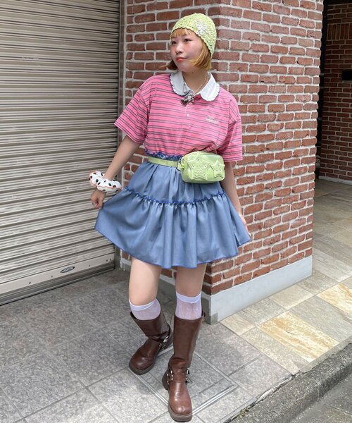 HELLO.SANFRANCISCO(ハローサンフランシスコ)の「【HELLO.SANFRANCISCO/ハローサンフランシスコ】襟フリルボーダーラガーシャツチュニック(Tシャツ/カットソー・レディース・ピンク/グリーン・ONE SIZE)」の13枚目の写真