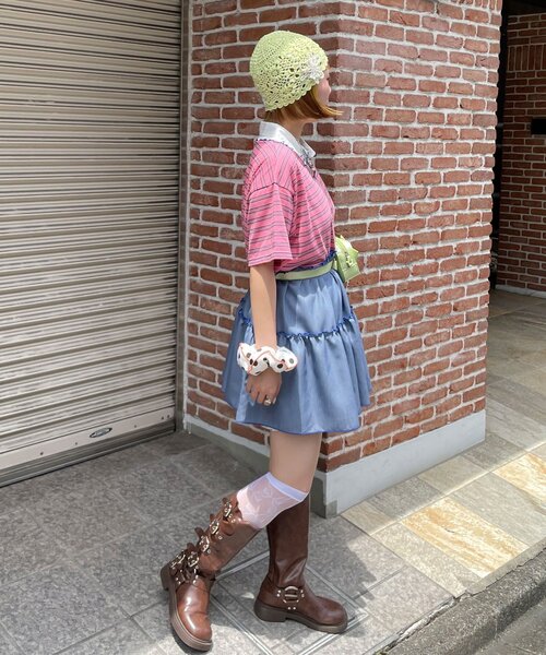 HELLO.SANFRANCISCO(ハローサンフランシスコ)の「【HELLO.SANFRANCISCO/ハローサンフランシスコ】襟フリルボーダーラガーシャツチュニック(Tシャツ/カットソー・レディース・ピンク/グリーン・ONE SIZE)」の14枚目の写真