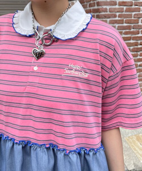 HELLO.SANFRANCISCO(ハローサンフランシスコ)の「【HELLO.SANFRANCISCO/ハローサンフランシスコ】襟フリルボーダーラガーシャツチュニック(Tシャツ/カットソー・レディース・ピンク/グリーン・ONE SIZE)」の19枚目の写真