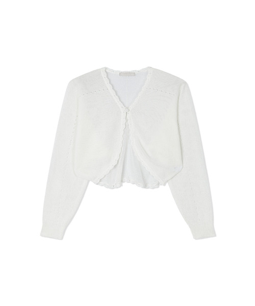 Yuje(ユジェ)の「SHEER KNOT CARDIGAN (3color)(カーディガン/ボレロ・レディース・ホワイト/ブラック/ベージュ・FREE)」の1枚目の写真