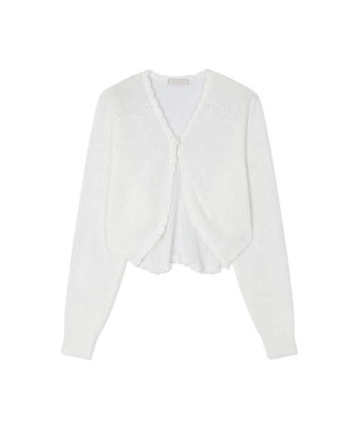 Yuje(ユジェ)の「SHEER KNOT CARDIGAN (3color)(カーディガン/ボレロ・レディース・ホワイト/ブラック/ベージュ・FREE)」の5枚目の写真