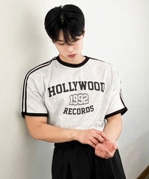 NOWLE（ノウル）の「【NOWLE】カレッジグラフィック リンガー半袖Tシャツ / レトロスポーツライン ハリウッドレコード トップス（Tシャツ/カットソー）」